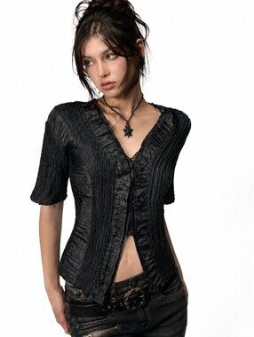 Vintage Y2K Appraisal Crinkle Textured Goth Whimsy Grunge Button Front Top S